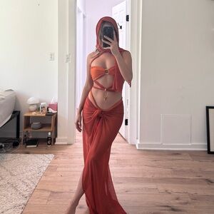 One of a kind 7 piece festival outfit in rust, burnt orange